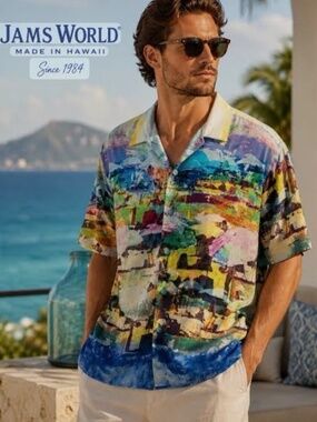 Vintage 90's JAMS WORLD Camp Shirt Hawaiian Côte d'Azur Scenic Print Retro M